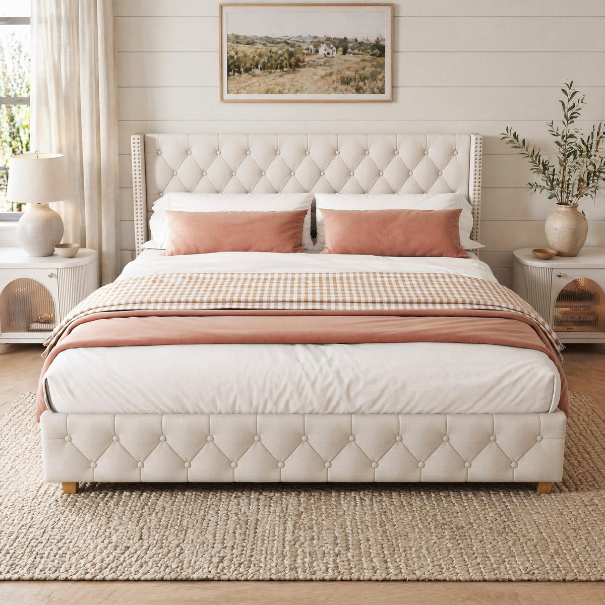 POLSTERBETT 160/200 mit Knopfpolsterung und Nieten in Beige - Beige, Holzwerkstoff/Textil (160/200cm) - EVRYAE