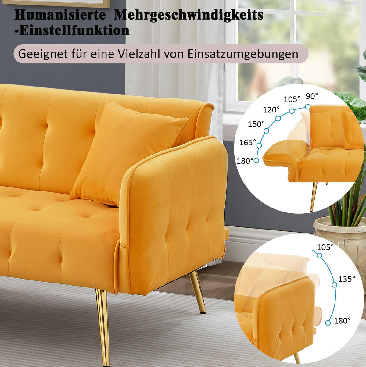 SOFABETT 2-in-1 mit Schlaffunktion 215 x 81,5 cm Velours Yellow - Gelb, Kunststoff (178/70/82cm) - Meubliv