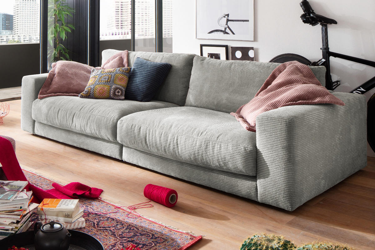 SOFA 3-SITZER MADELINE Hellgrau Cord - Hellgrau/Schwarz, Textil (290/85/127cm) - KAWOLA