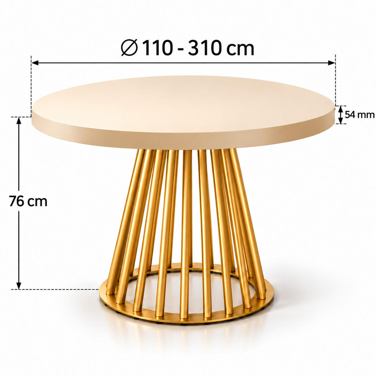 ESSTISCH rund ausziehbar 110/310/76 cm, Kaschmir, 54 cm Tischplatte + Lamellen-Metallgestell Gold - Kaschmir/Goldfarben, Holzwerkstoff/Metall (110/310/76cm) - Damale Möbel