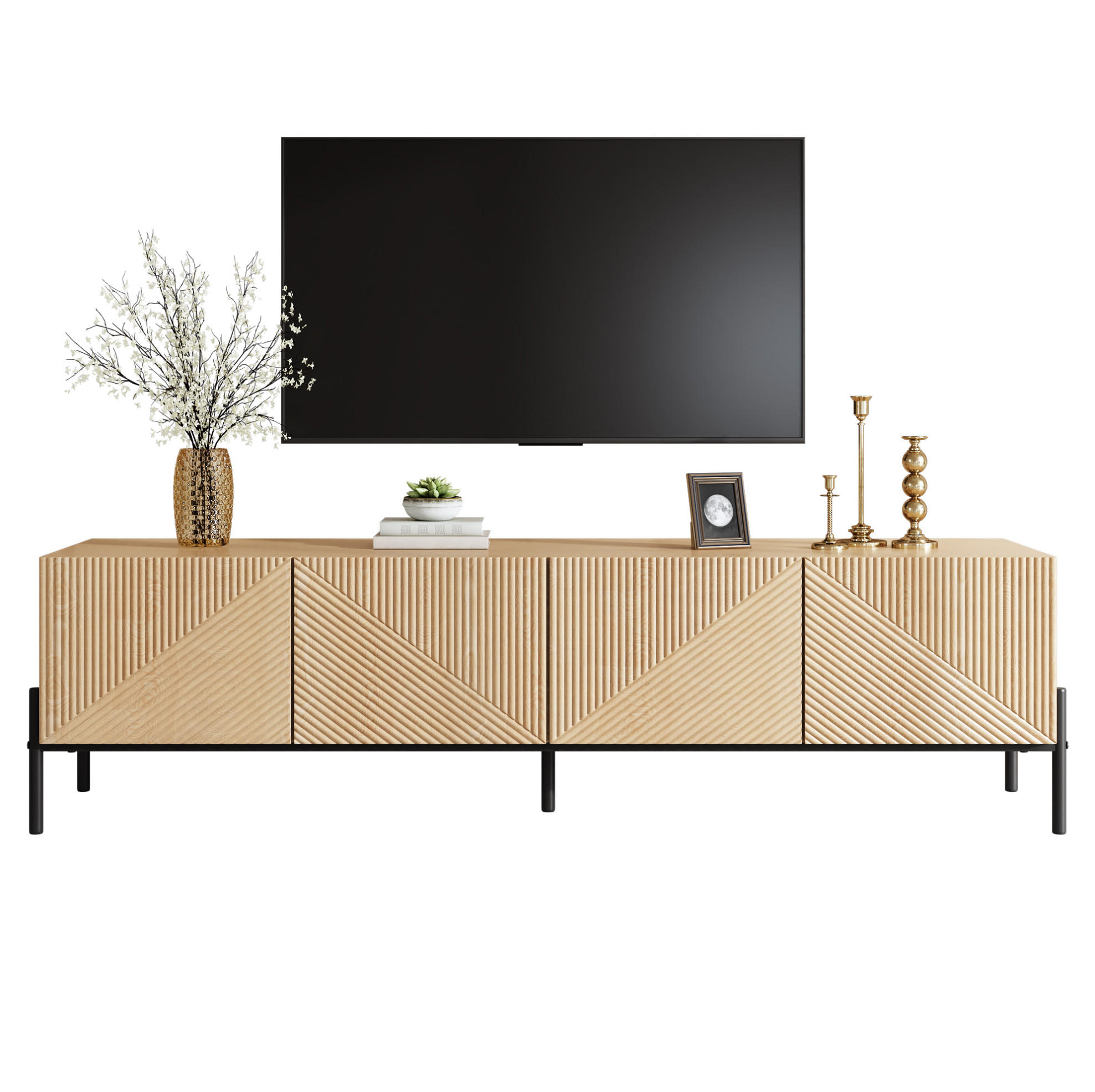 TV-LOWBOARD 163,5/40/45 cm mit 4 Türen, Push-to-Open und Kabeldurchlässen, Natur - Hellbraun, Holzwerkstoff (163.5/45/40cm) - Redom