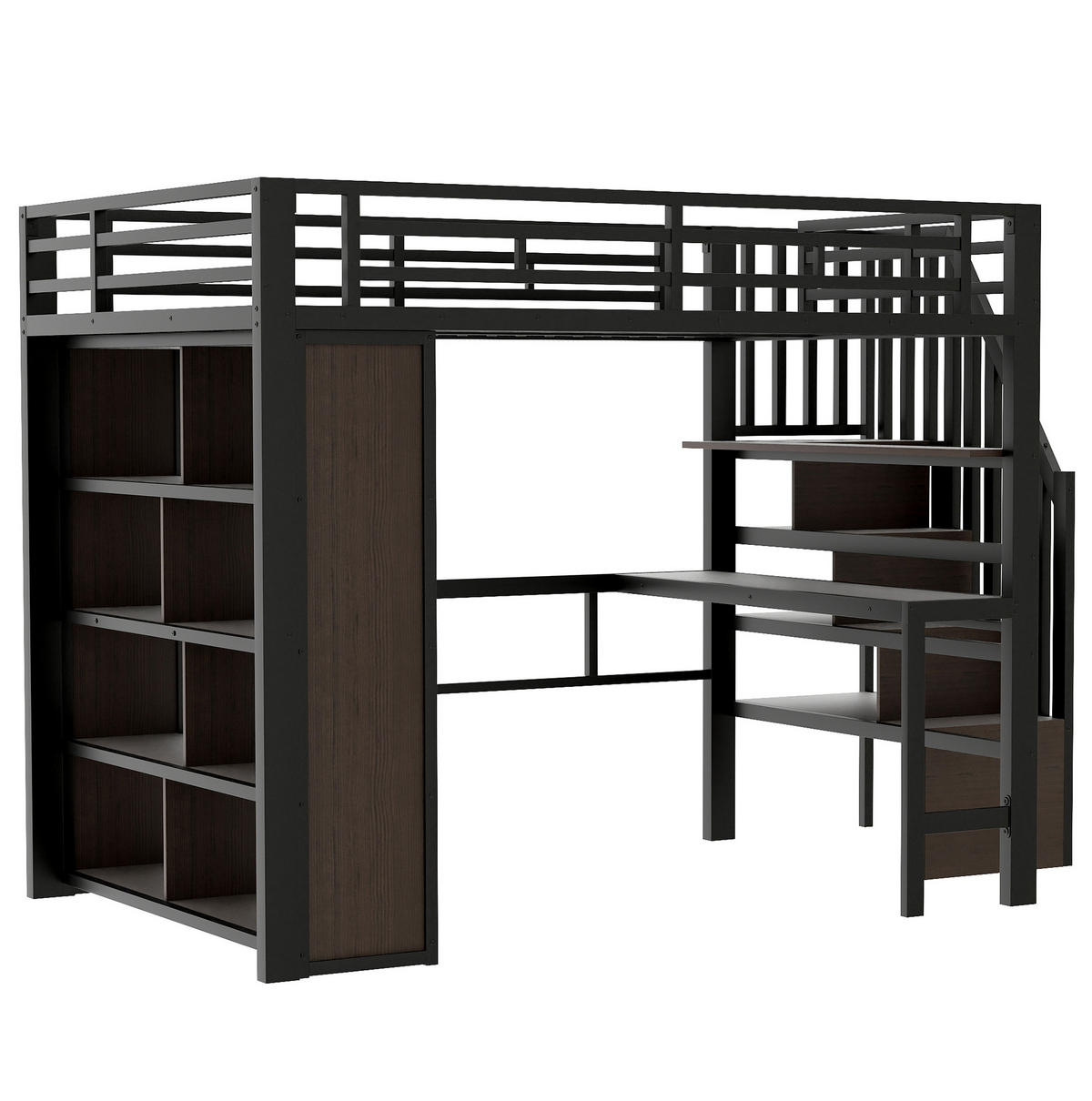 HOCHBETT 140/200 cm aus Metall mit Schreibtisch, Stauraumstufen und LED-Lichtleiste Schwarz - Schwarz, Metall (140/200cm) - Modenvie