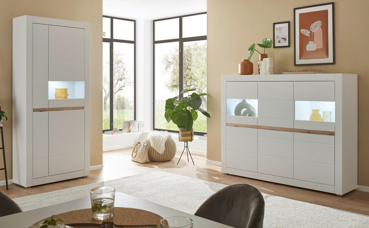 HIGHBOARD weiß matt, Evoke Eiche, Vitrine 165 x 132 cm, Soft-Close-Funktion - Eichefarben/Silberfarben, Holzwerkstoff/Kunststoff (165/132/42cm) - Furn.Design
