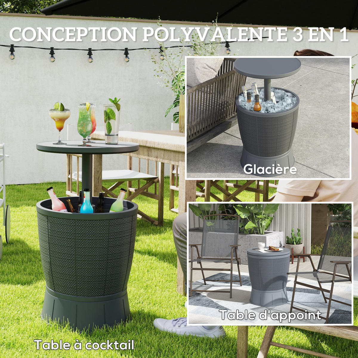 GARTENTISCH DE-14133 3-in-1 mit Eisbehälter, höhenverstellbar Grau - Grau, Kunststoff (49/49/84cm) - ComfortXL