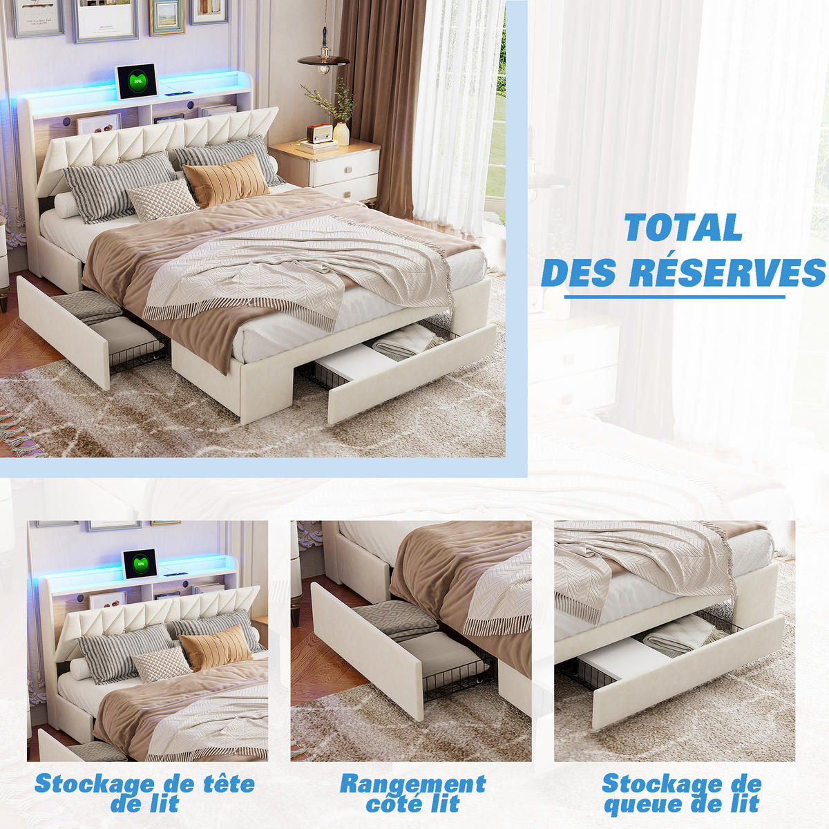 POLSTERBETT 140x200 cm, Beige, mit USB & LED, Doppelbett mit 3 Schubladen, Massivholzbett, Samt - Beige, Textil/Metall (140/200cm)