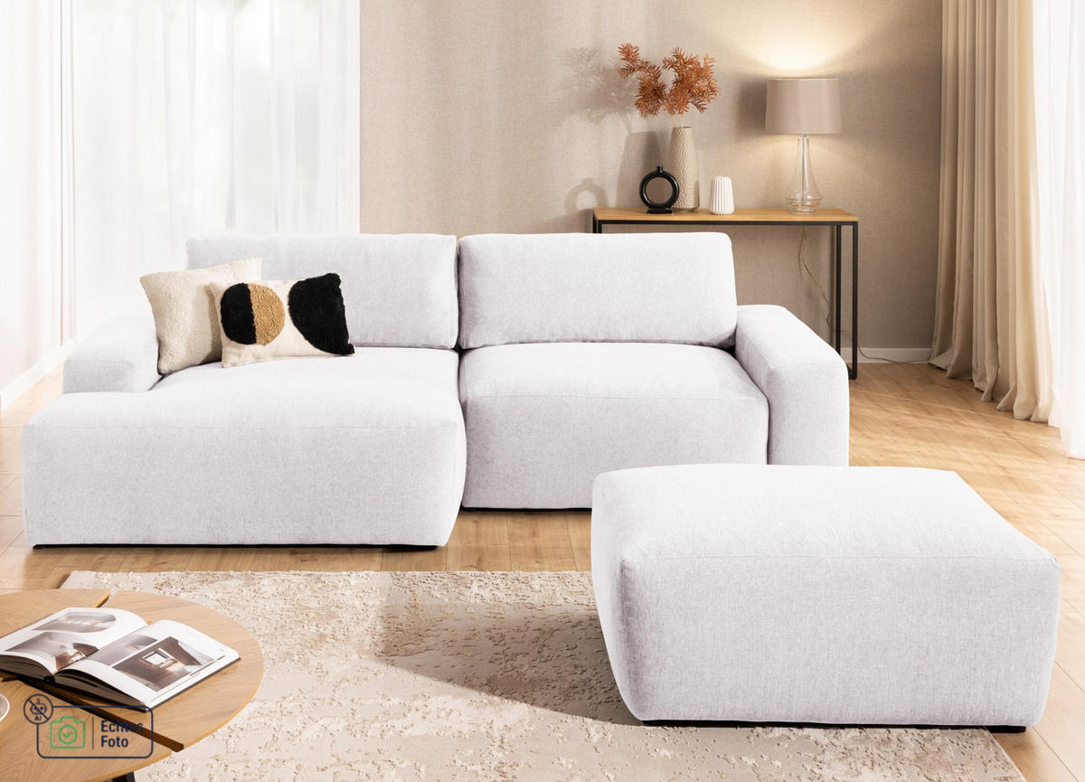 ECKSOFA inkl. Hocker Lennon aus Creme Strukturstoff mit Schlaffunktion und Bettkasten - Creme/Schwarz, Holz/Kunststoff (137/264cm) - S-Style