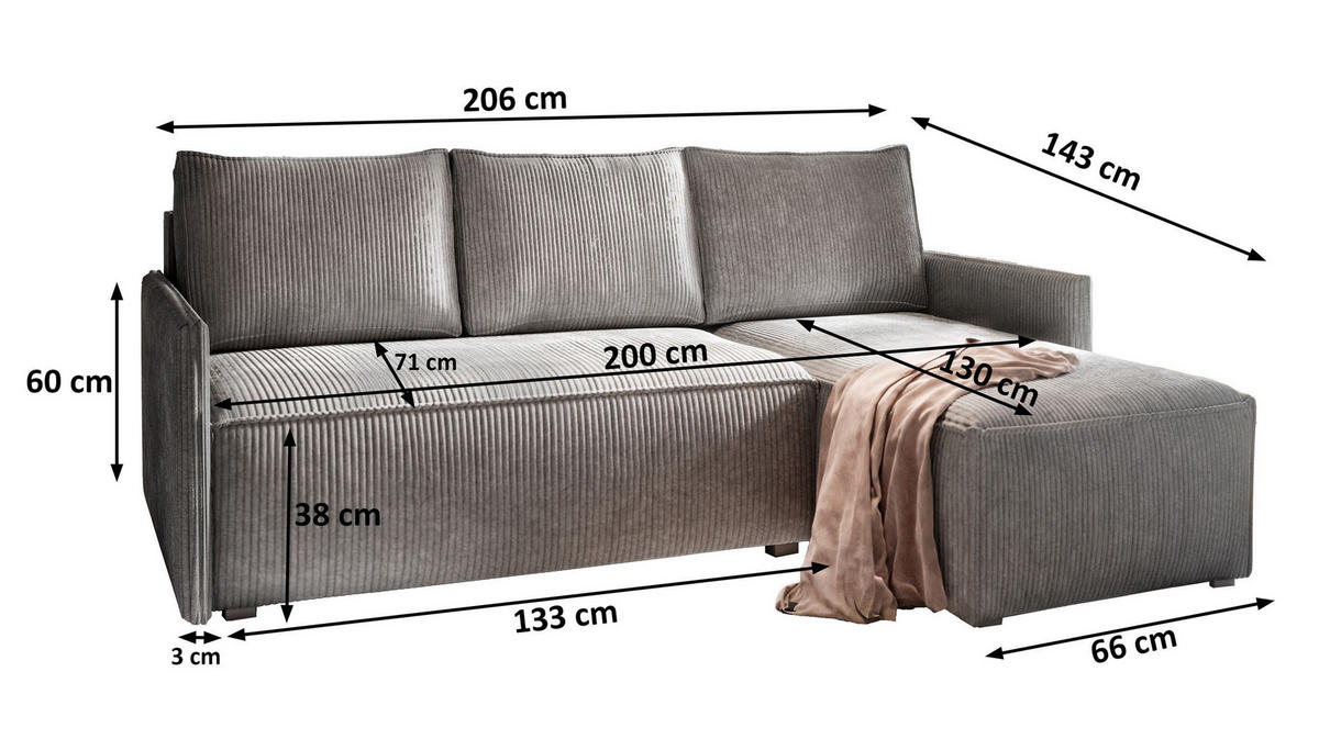 ECKSOFA PERUSI Schwarz Kordstoff mit Schlaffunktion - Schwarz, Holz (206/143cm) - MASSENO