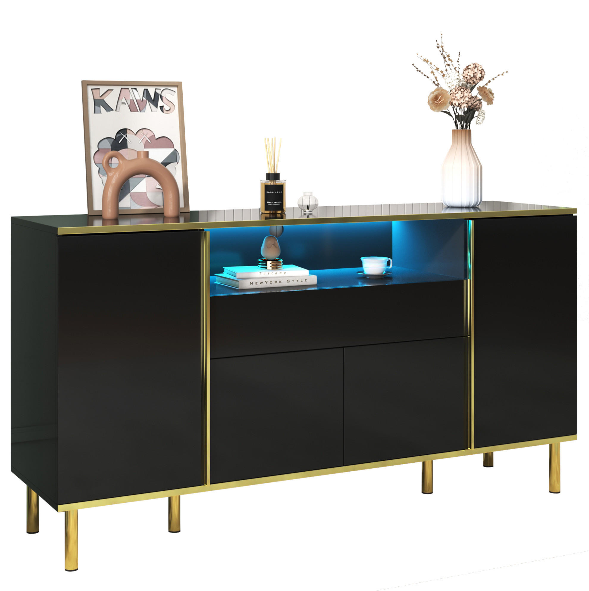 SIDEBOARD 150/40/80 cm z MDF a dřevotřísky černý vysoký lesk s LED osvětlením - černá, kompozitní dřevo (150/80/40cm) - Modenvie