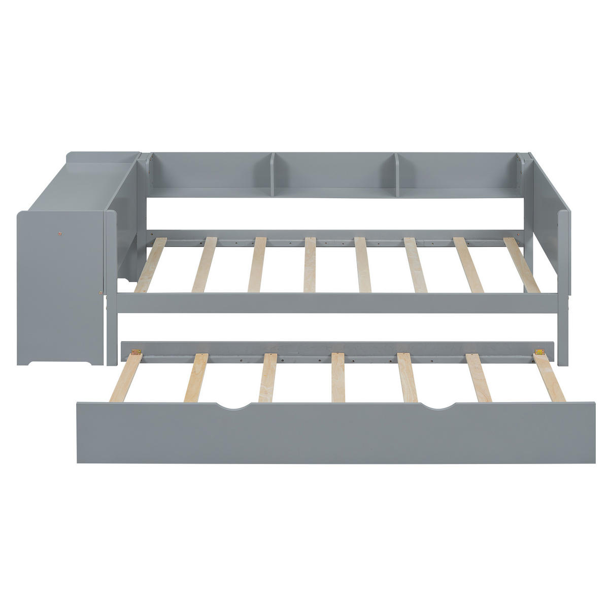 FLACHBETT 90/200 cm Grau mit ausziehbarem Bett und Schreibtisch aus Kiefernholz und MDF - Grau, Holz (90/200cm) - OKWISH