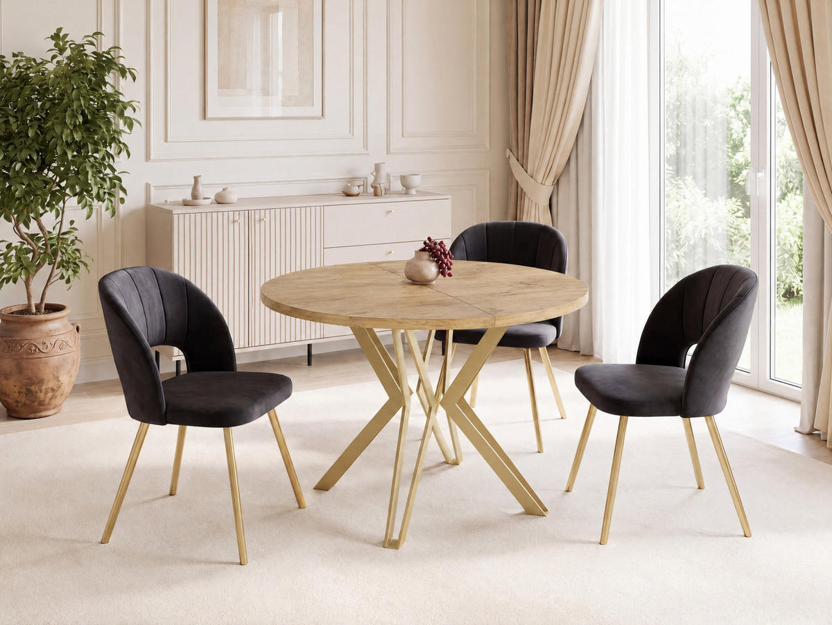 ESSTISCH Daisy runder ausziehbarer, Lancelot Eiche 120-200/100/76 cm - Eichefarben/Goldfarben, Holzwerkstoff/Metall (120/200/76cm) - WFL GROUP