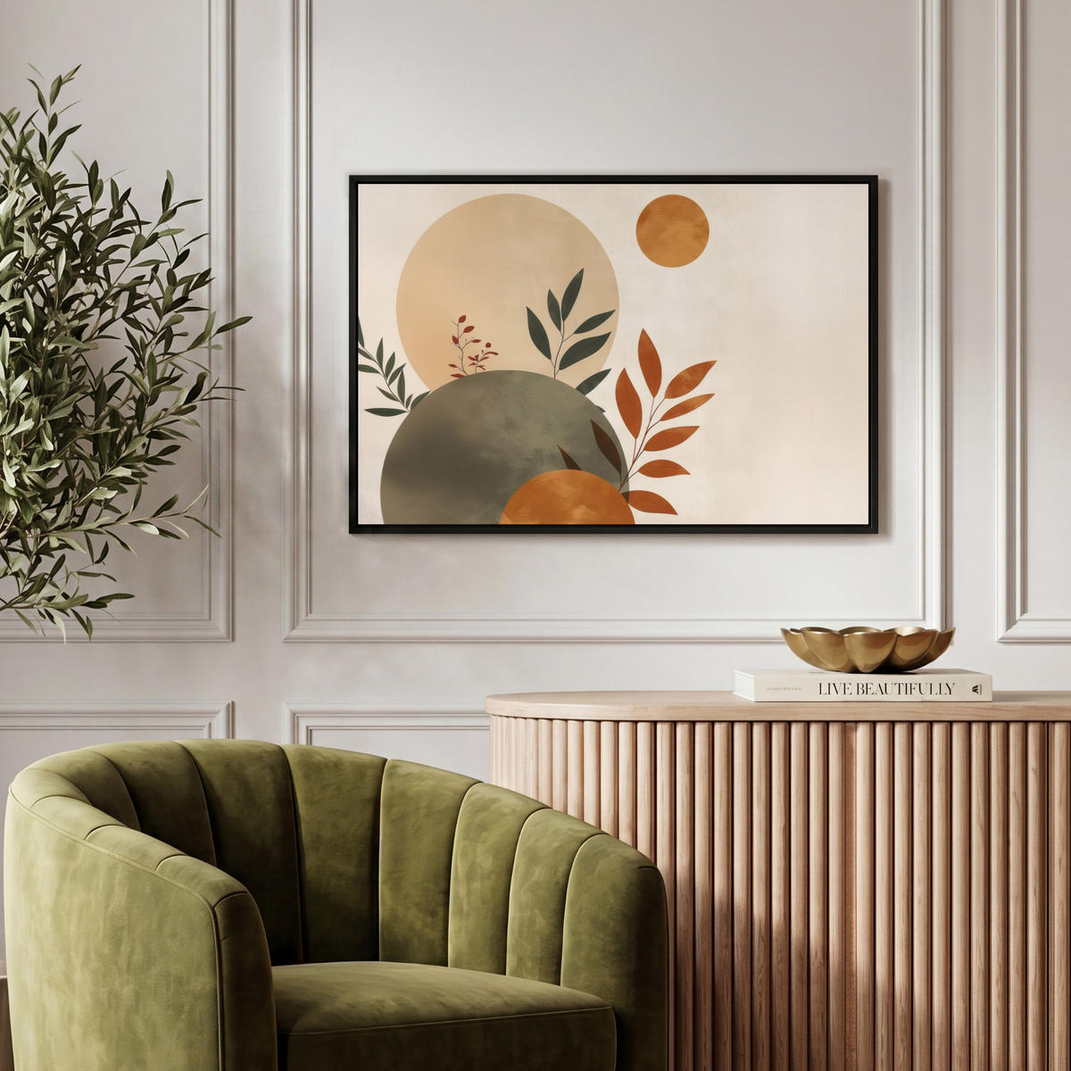 LEINWAND Bilder mit Rahmen - Formen - Rund - Blätter - Beige - 60x40 - Rostfarben, Textil (60/40cm) - MuchoWow