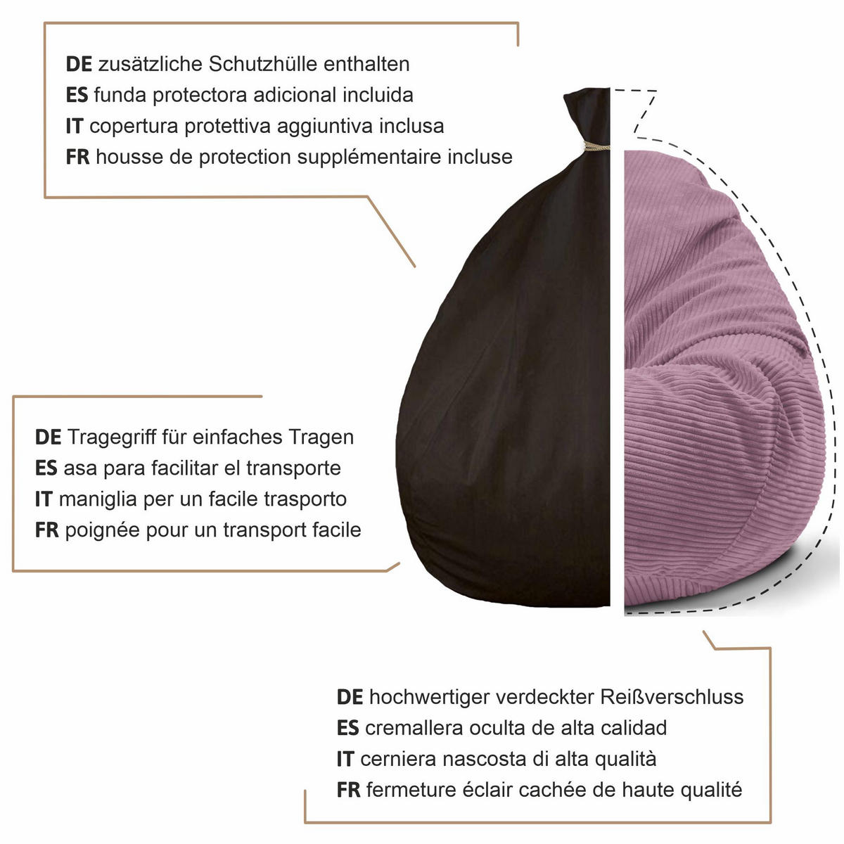 SITZSACK PARADISE MIT FUßSTÜTZE Kordsamt 2-tlg Plum Smoothie M - Violett, Textil (90/100/90cm) - Dreamroots