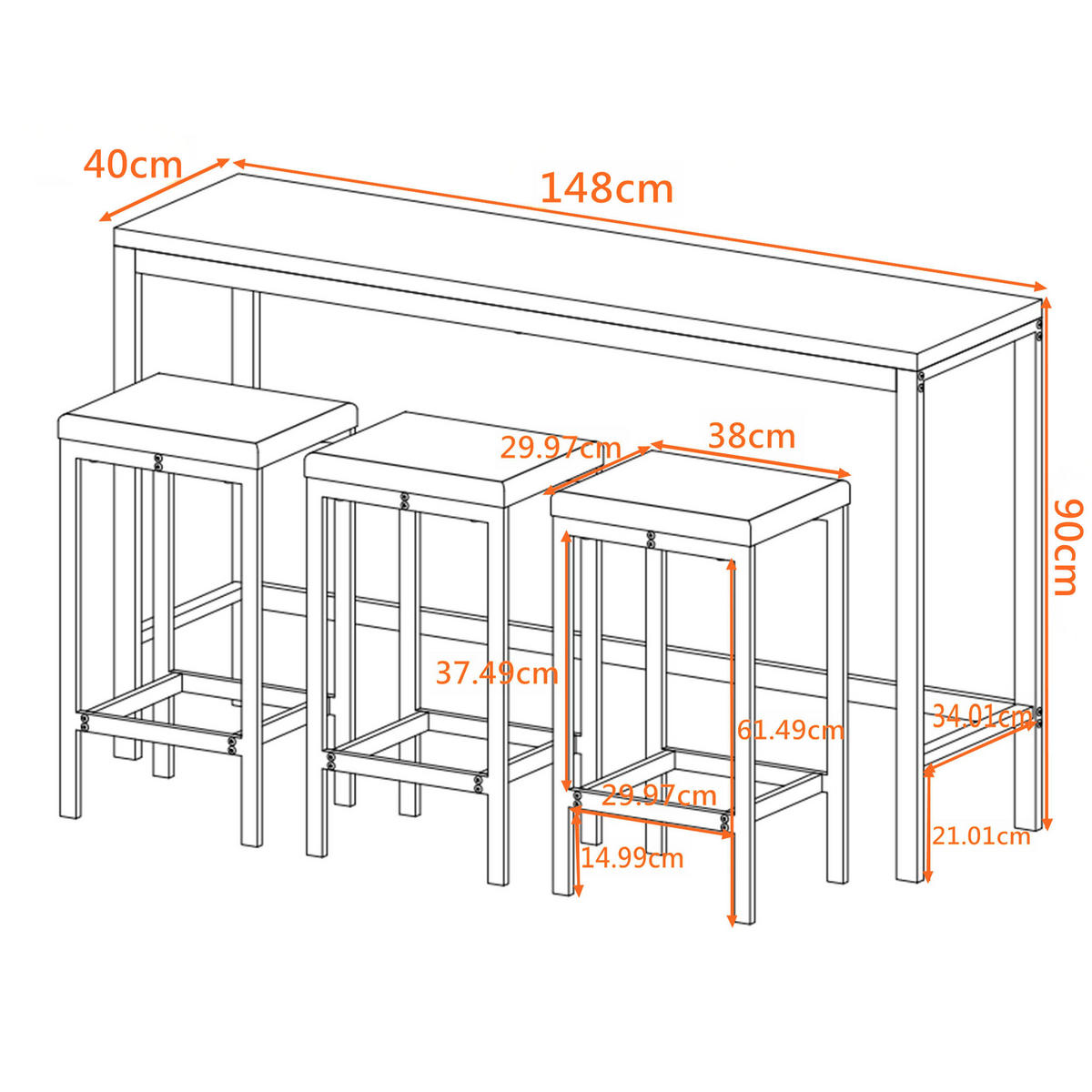 BARMÖBEL-SET 148/40/90 cm braun und grau mit 3 Hockern aus MDF und Metall - Braun, Holzwerkstoff (148/90/40cm) - OKWISH