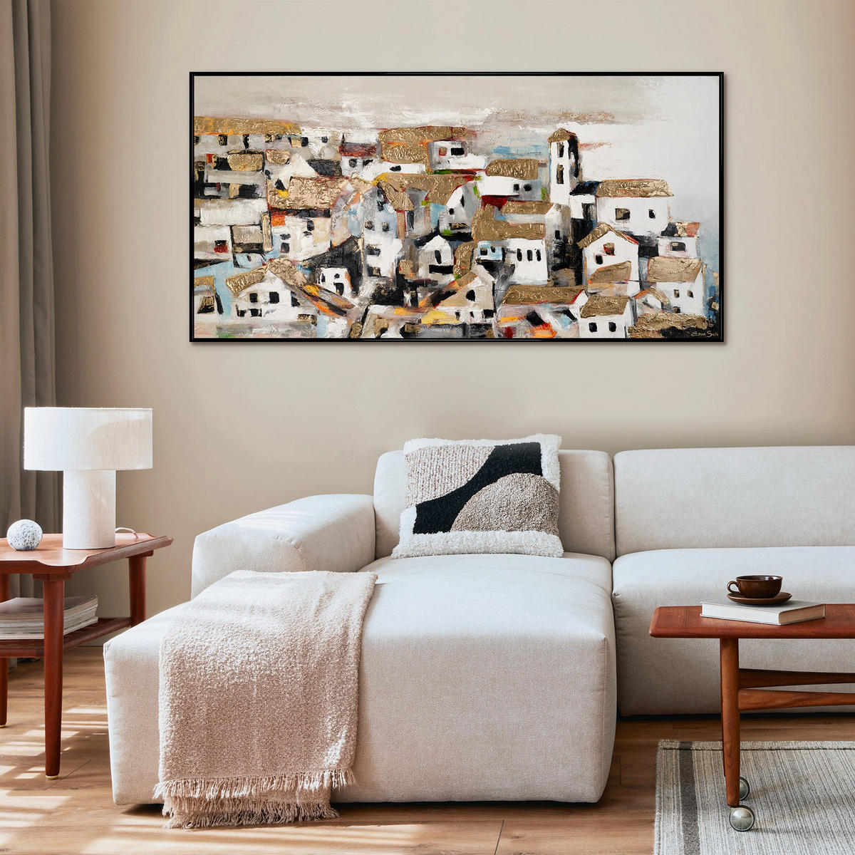 GEMÄLDE Häuschen im Sonnenlicht Schattenfugenrahmen Beige 140x70 cm - Beige, Holz (140/70cm) - YS-art gallery