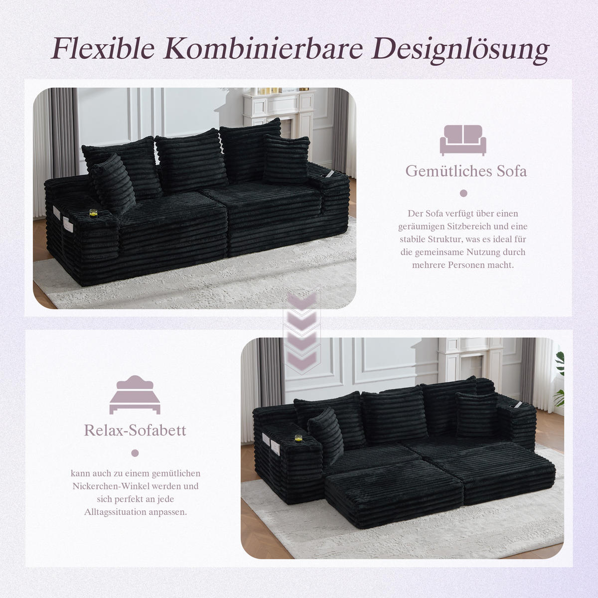 SCHLAFSOFA aus Cord mit Getränkehaltern und Kissen, Schwarz - Schwarz, Textil (107.48/34.25/38.58cm)