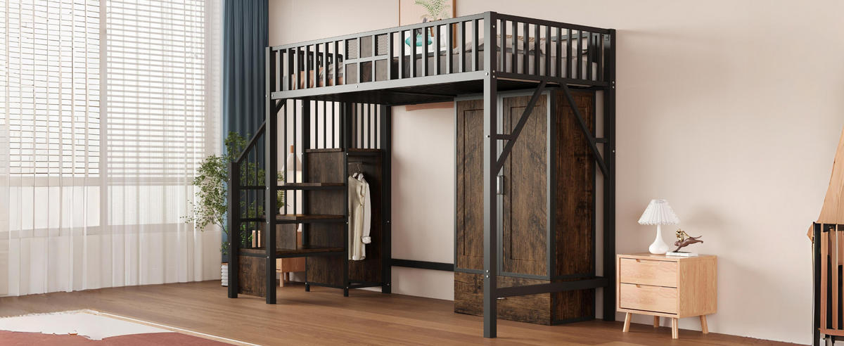 HOCHBETT 90x200 cm Schrank schwarz - Schwarz, Metall (90/200cm) - LEBENLANG