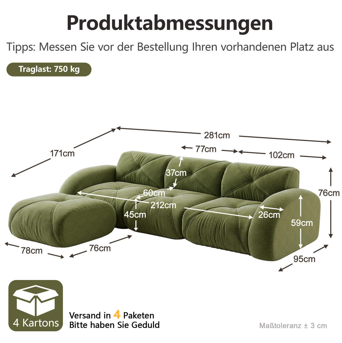 ECKSOFA in Grün aus Chenille, rahmenlos und flexibel - Grün, Textil (171/281cm) - Flora Grace