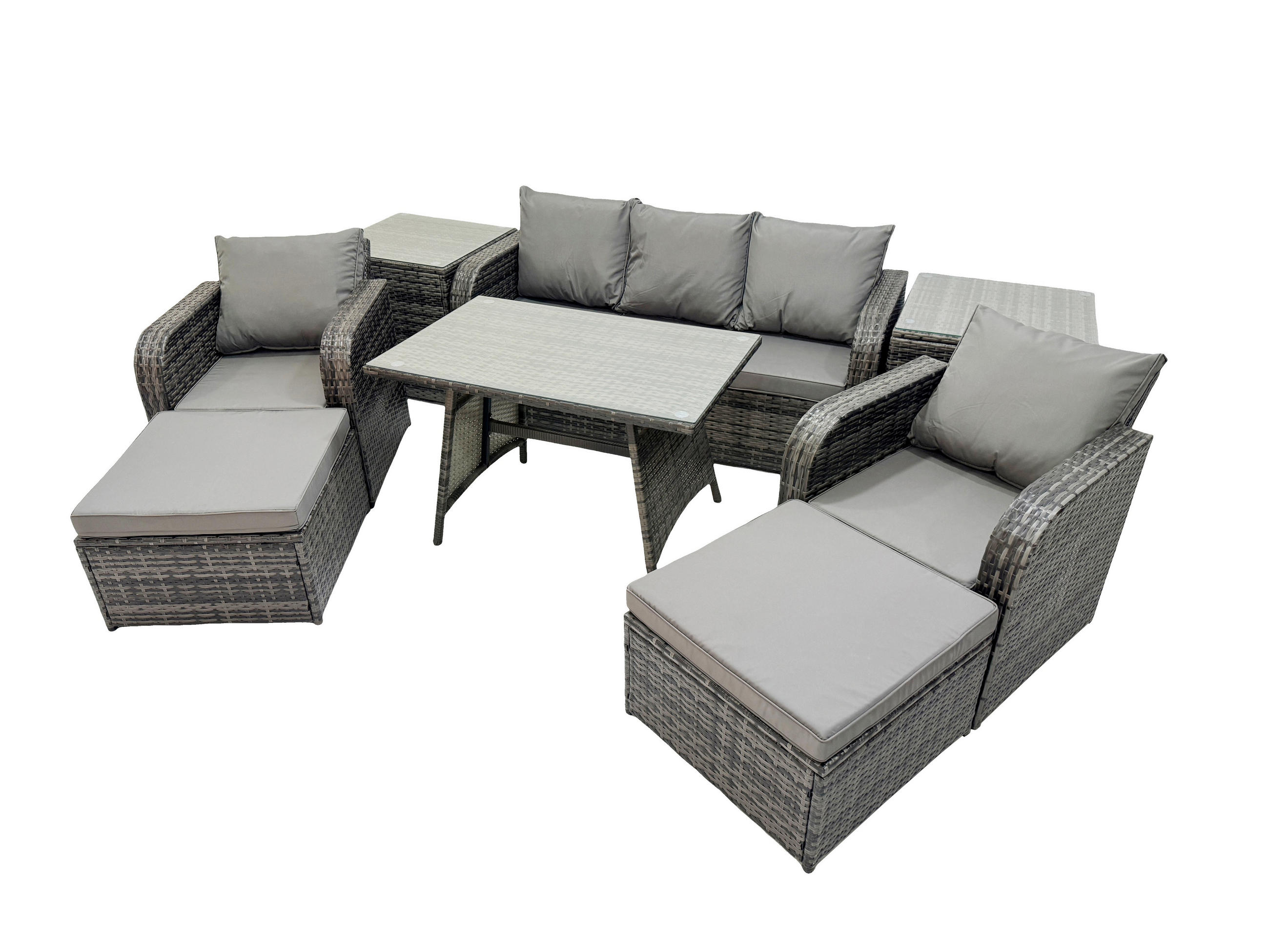 GARTENMÖBEL SET mit COUCHTISCH Polyrattan Dunkelgrau 7-Sitzer - Dunkelgrau/Grau, Glas/Kunststoff - Fimous
