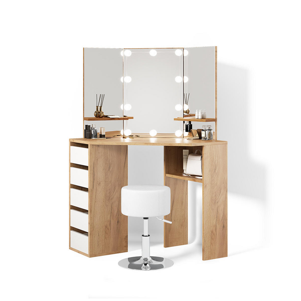 ECKSCHMINKTISCH Enna Goldkraft Eiche 110 cm mit LED Beleuchtung und Hocker - Honigeiche, Holzwerkstoff (110/141.5/54cm) - Livinity®