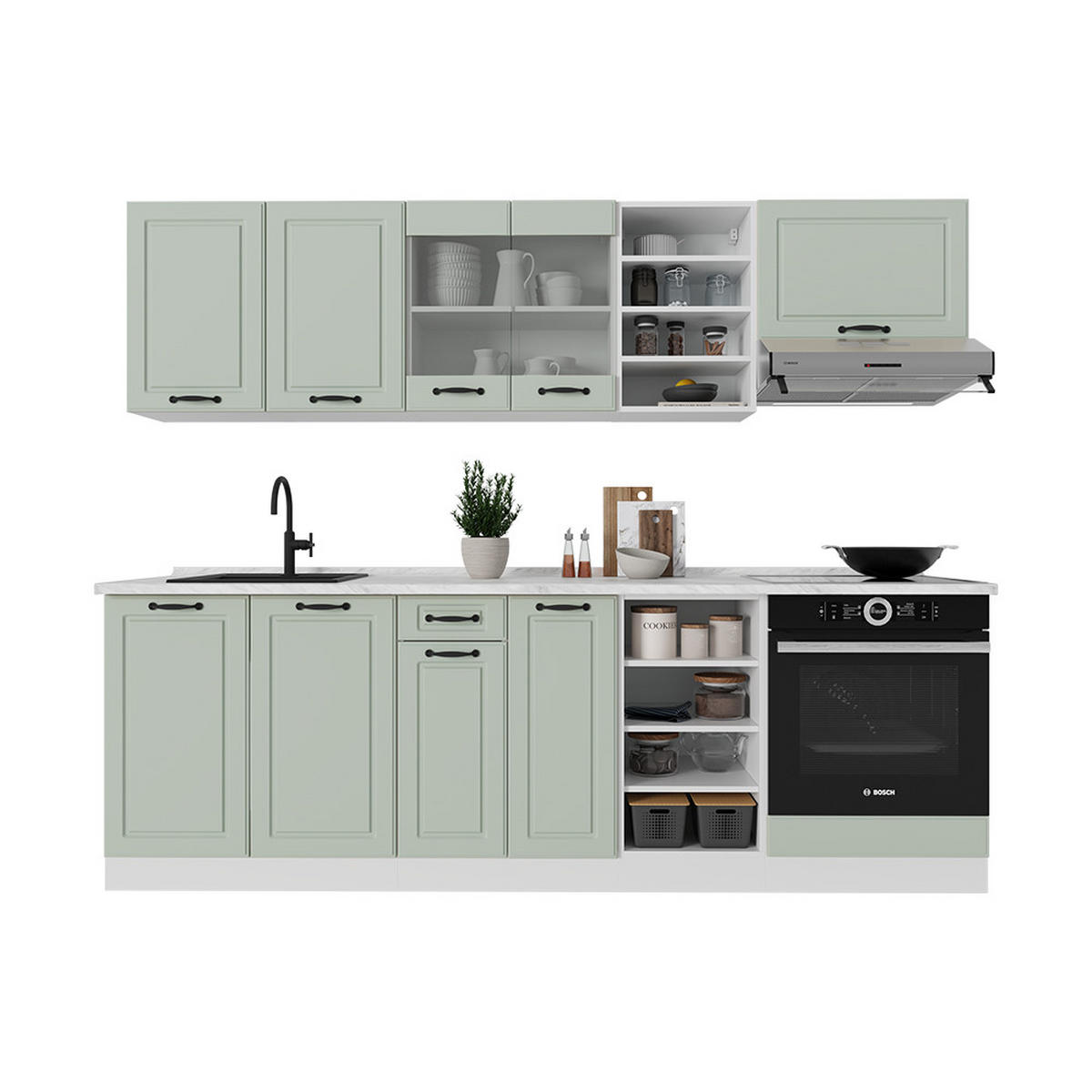 KÜCHENZEILE R-Line, Mint Landhaus/Weiß, 240 cm ohne Arbeitsplatte - Weiß/Grün, Holzwerkstoff (240/206.8/46cm) - Vicco