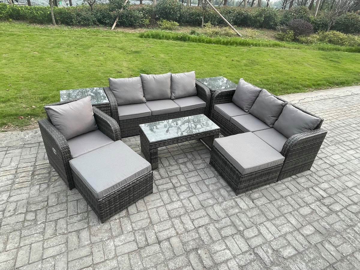 GARTENSOFA SET mit rechteckigem COUCHTISCH Polyrattan 9-Sitzer Dunkelgrau - Dunkelgrau/Grau, Glas/Kunststoff - Fimous