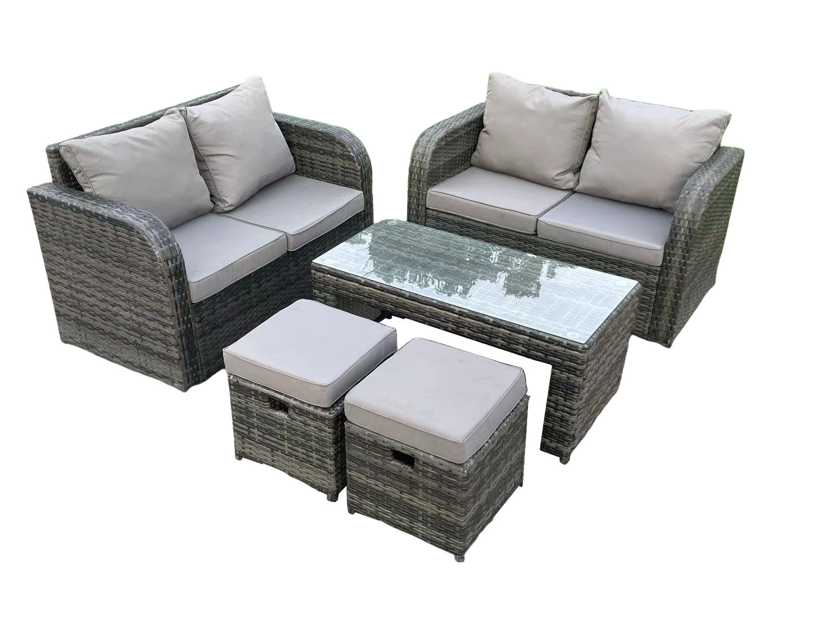 GARTENMÖBELSET mit 2 kleinen Hockern Polyrattan 6-Sitzer - Dunkelgrau/Grau, Glas/Kunststoff - Fimous