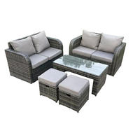 GARTENMÖBELSET mit 2 kleinen Hockern Polyrattan 6-Sitzer - Dunkelgrau/Grau, Glas/Kunststoff - Fimous