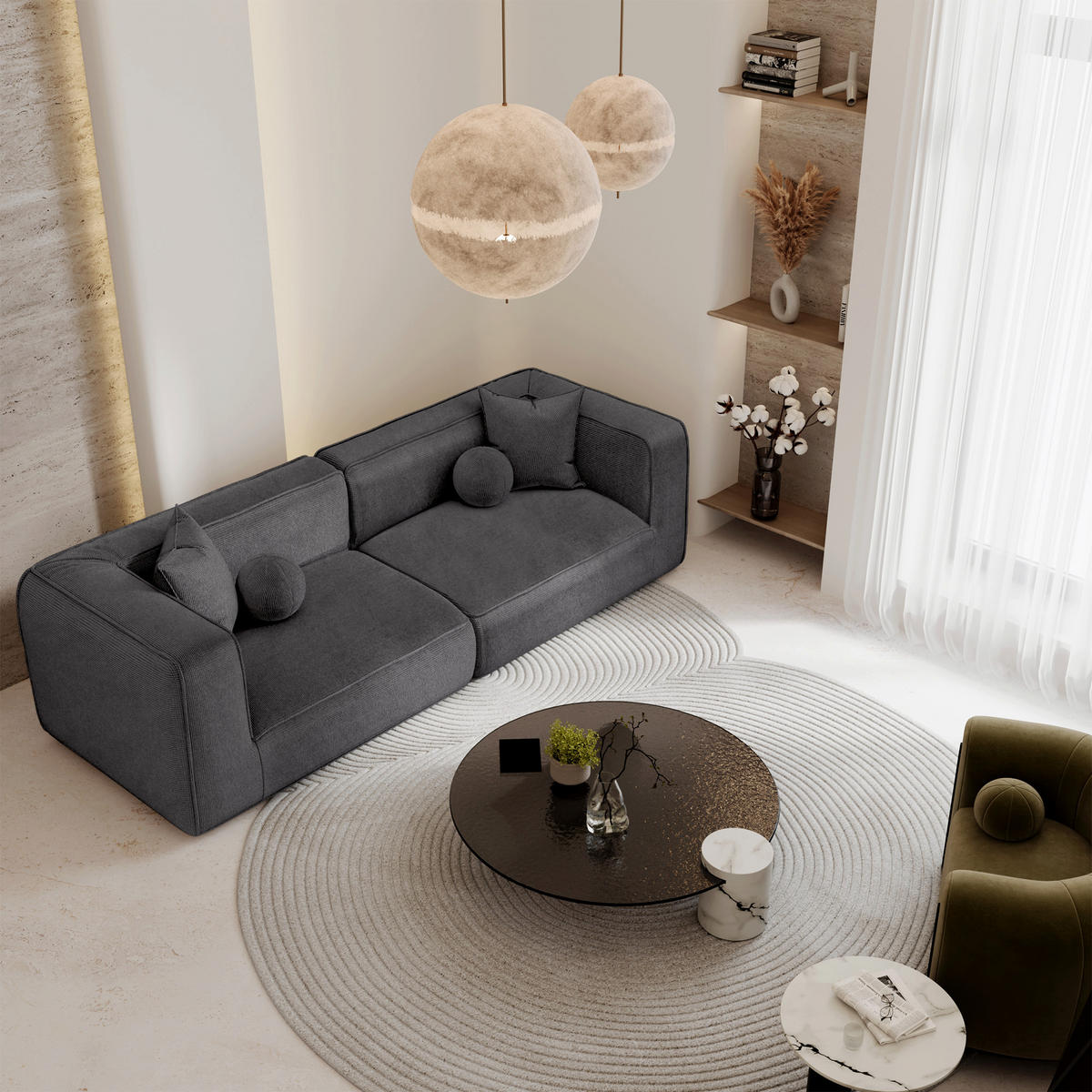 SOFA SOFIA Köpergewebe Grau 304cm - Grau, Textil (304/70/105cm) - Premium Interiors