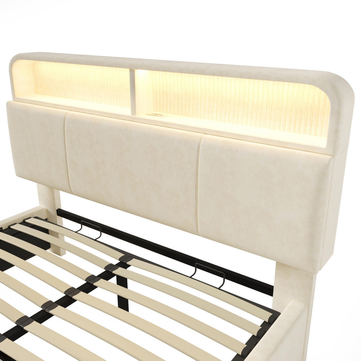 BETT mit Stauraum und LED 140x200 cm Samt Beige mit Lattenrost - Beige, Metall (140/200cm) - Meubliv