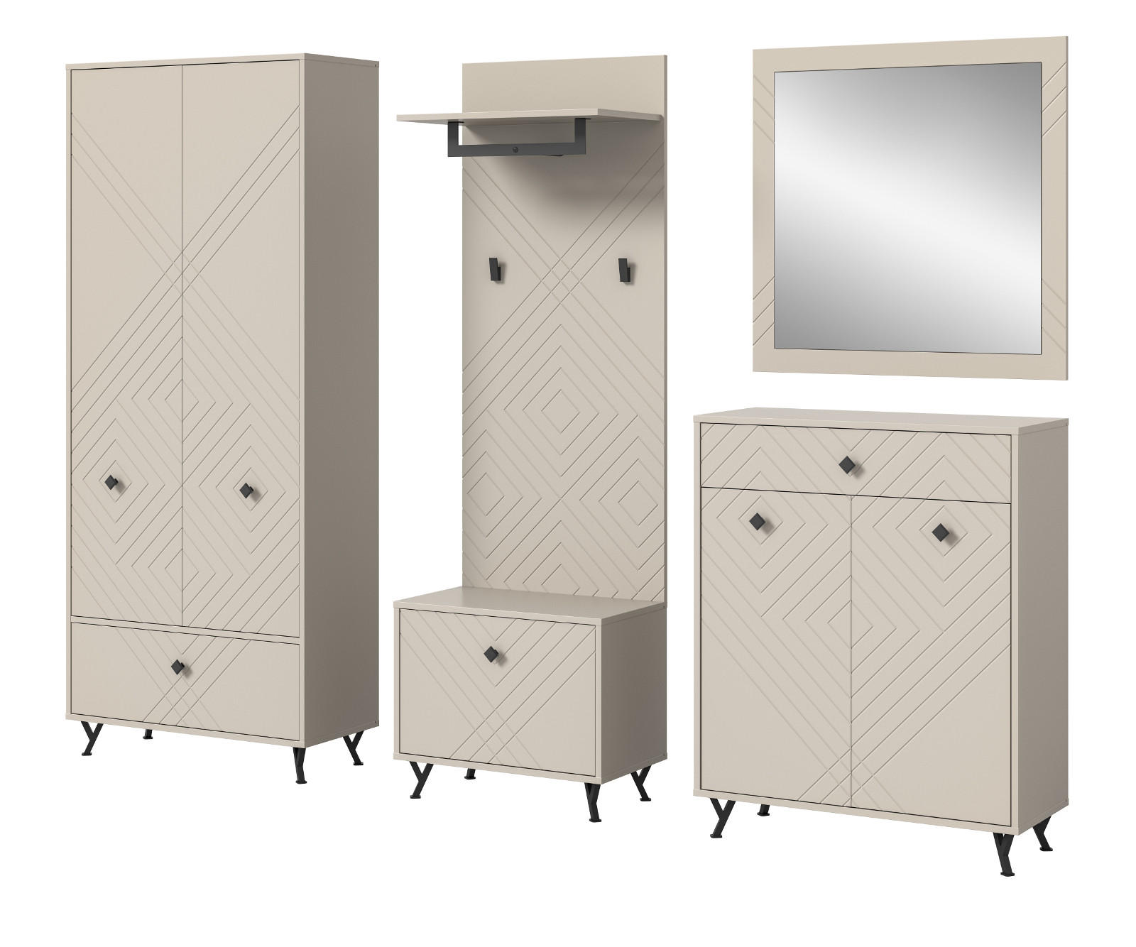 GARDEROBE Set 5-teilig Sand matt 250 cm, Garderobenkombination mit Fräsungen - Sandfarben/Beige, Glas/Holzwerkstoff (250/190/35cm) - Inn.Furn