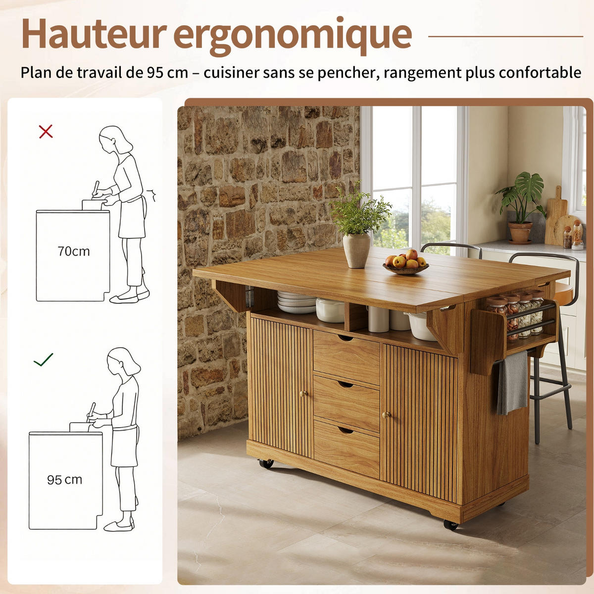 KÜCHENINSEL Mit Ausklappbaren Tischverlängerungen, Für Küche Und Esszimmer, 142,5/80/95 cm - Dunkelbraun, Holzwerkstoff (80/95/142.5cm) - Rolipo