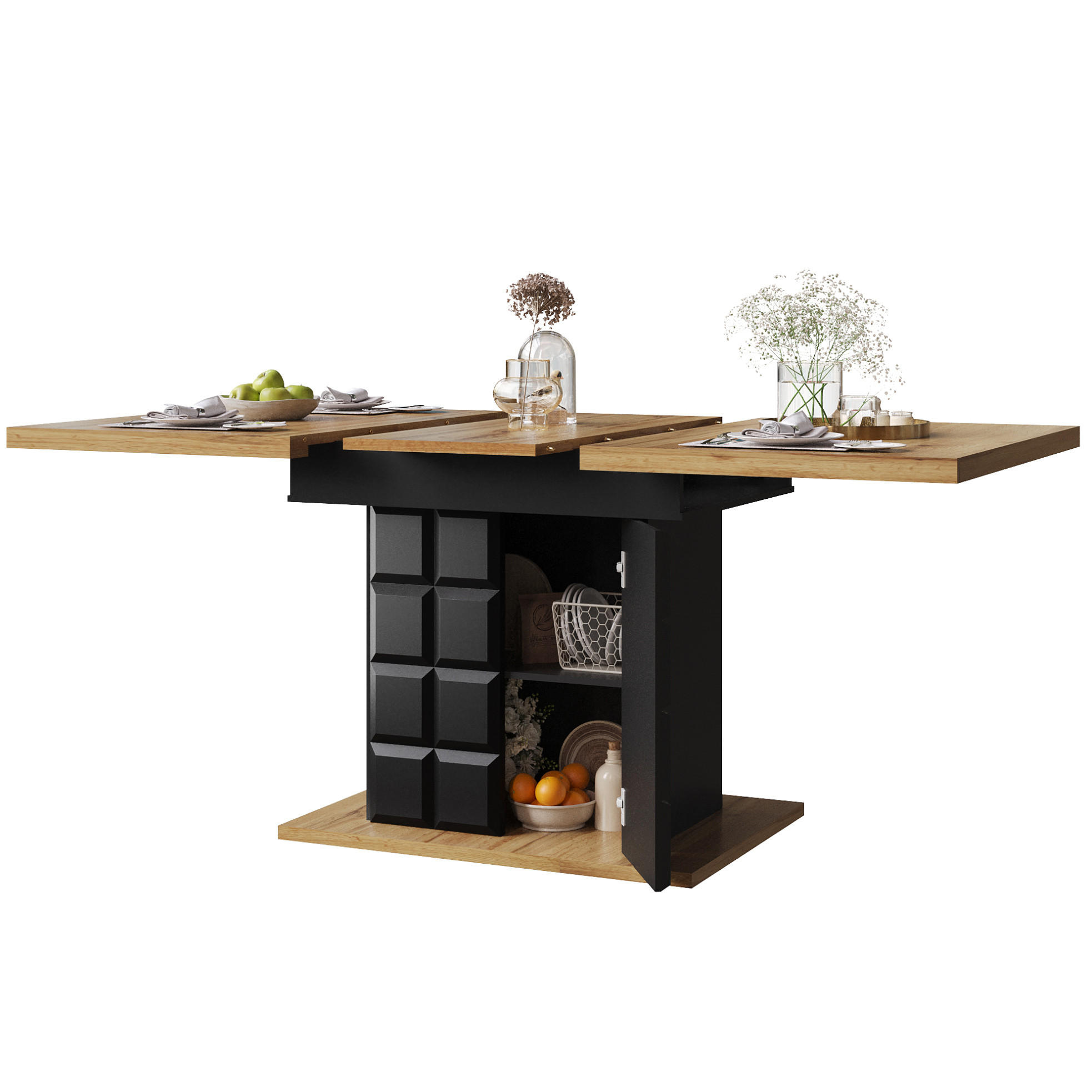AUSZIEHBARER Esstisch, MDF mit Stauraum & Regalen, 110-140/80/75 cm, Schwarz/Natur - Schwarz, Holzwerkstoff (110/80/75cm) - Redom