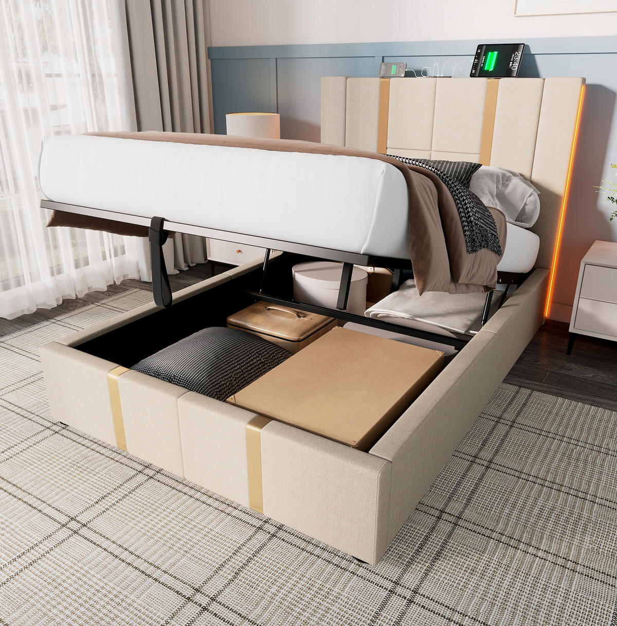 POLSTERBETT 90/200 cm Beige mit Stauraum, LED-Beleuchtung und USB-/Type-C-Anschlüssen - Beige, Textil (90/200cm) - Flora Grace