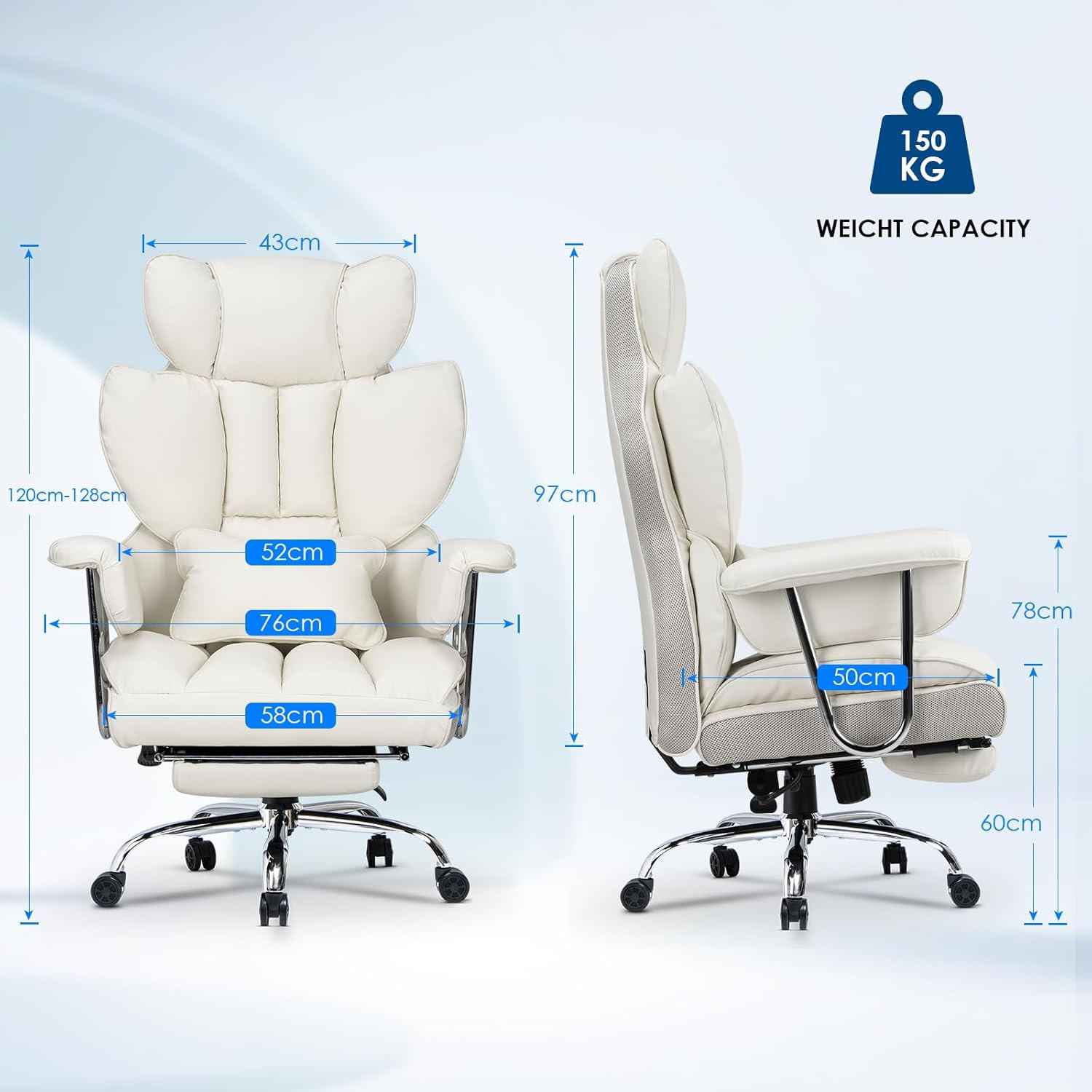 CHEFSESSEL ergonomisch, Leder, Fußstütze – Weiß - Weiß, Metall (58/128/50cm) - Rattantree