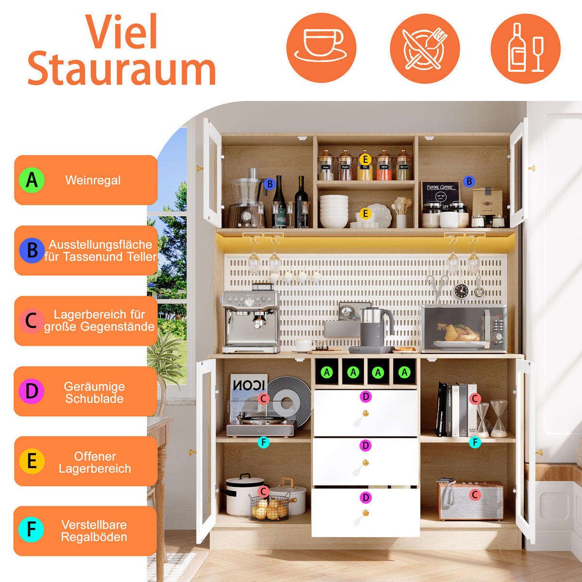 HIGHBOARD in Weiß Küchenschrank mit LED-Lichtleiste und Schubladen für Küche und Wohnzimmer, B140/T40/H185.7 cm - Transparent/Weiß, Glas/Holzwerkstoff (140/185.7/40cm) - STILVORA