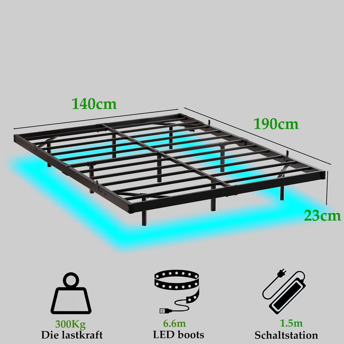 METALLBETT 140/190 cm DE-35510 mit LED und Ladestation Schwarz - Schwarz, Metall (140/190cm) - ComfortXL