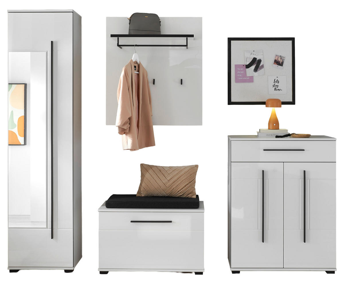 GARDEROBEN-SET weiß Hochglanz 5-teilig 230 cm, Flurgarderobe mit viel Stauraum - Weiß Hochglanz/Dunkelgrau, Glas/Holzwerkstoff (230/230/40cm) - Furn.Design