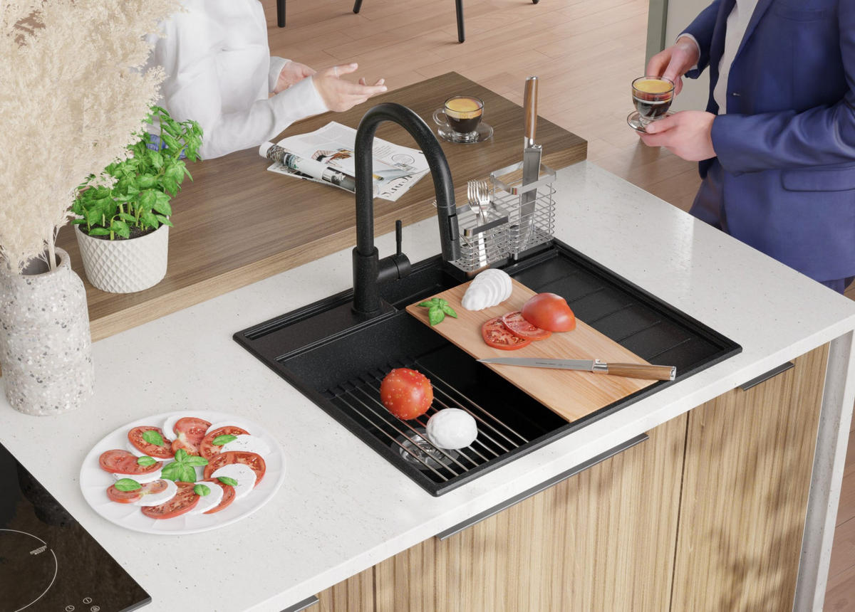 SPÜLBECKEN Sydney Pocket, 2-er set Anthrazit 62/53 cm 1 Becken + Ablauf-Set + Küchenzubehörset ab 45er Unterschrank - Chromfarben/Anthrazit, Kunststoff (62/20/53cm) - Primagran