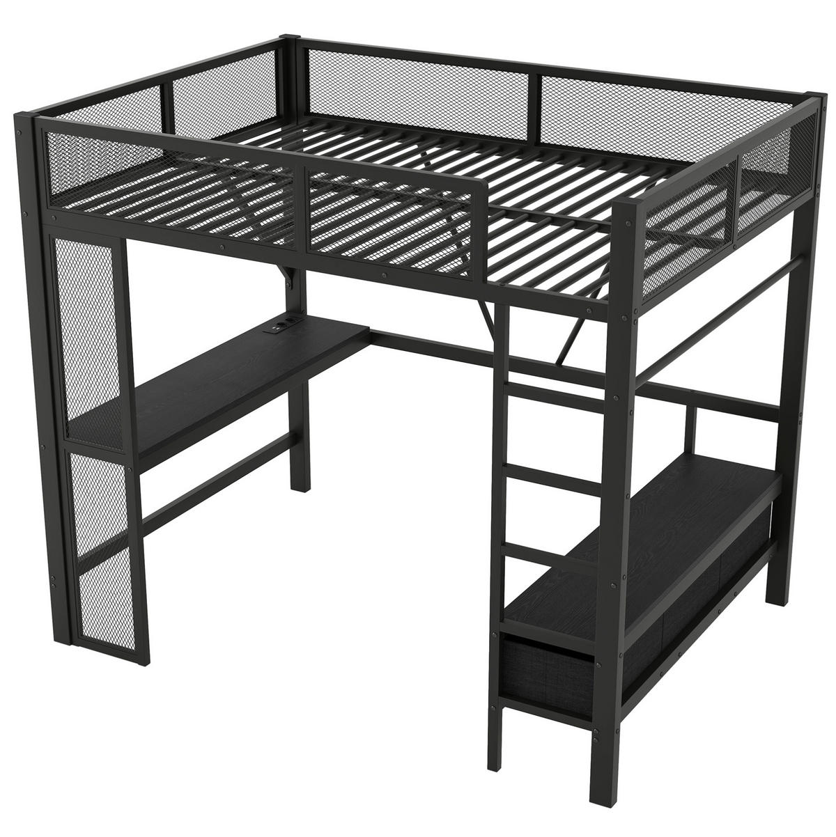 HOCHBETT 140/200 cm mit LED, USB, Schreibtisch und Schubladen - Schwarz, Metall (140/200cm) - MIVRAY