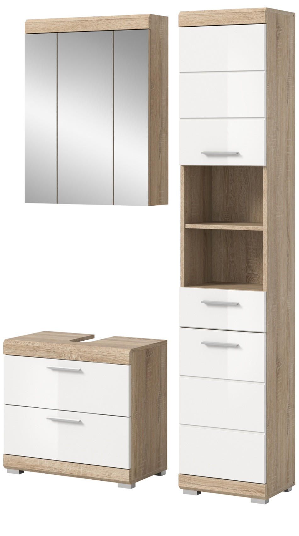 BADMÖBEL-SETWEISS Hochglanz, Eiche 3-teilig 112 cm, viel Stauraum - Weiß Hochglanz/Eichefarben, Holzwerkstoff (112/191/37cm) - Inn.Furn