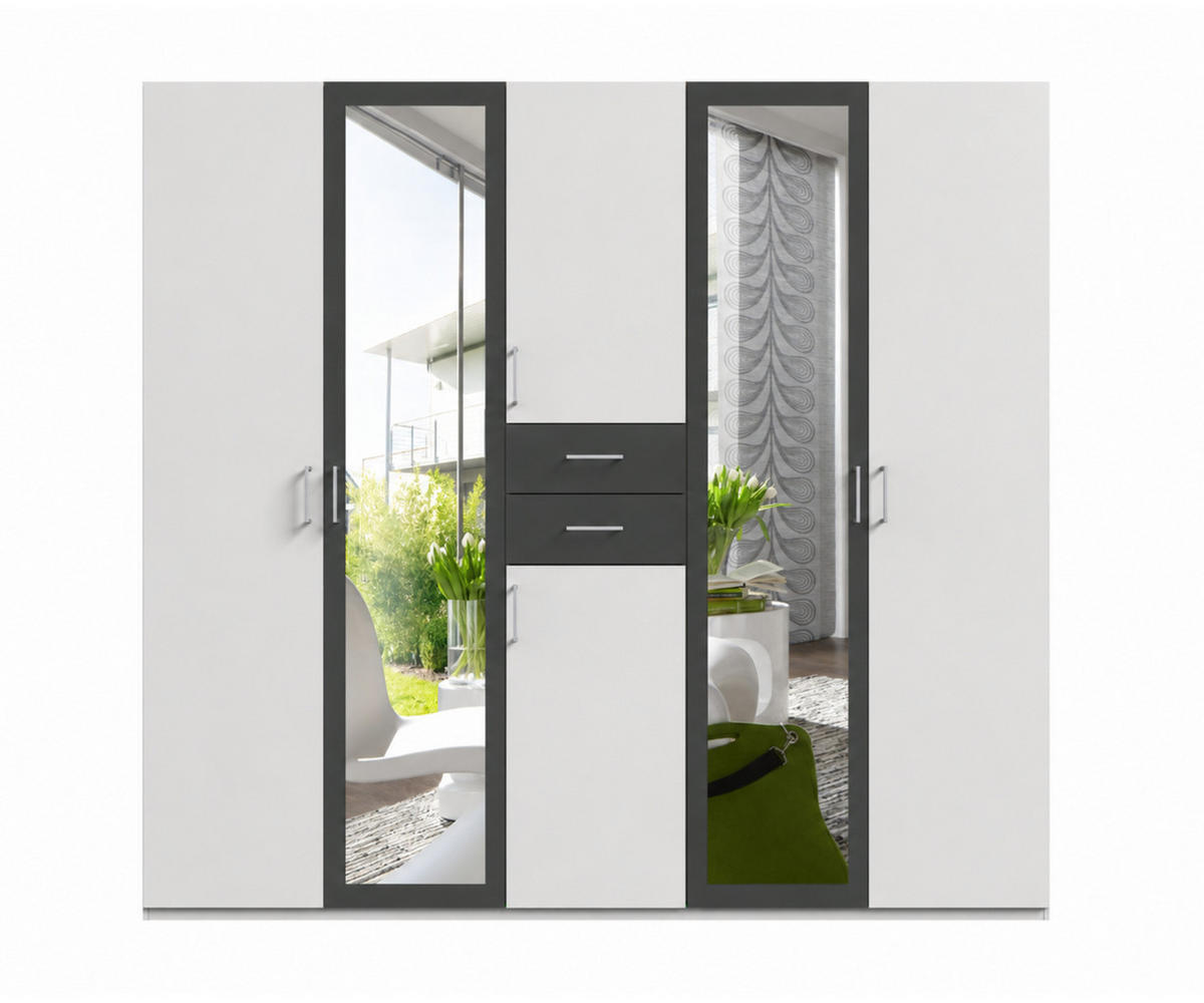 DREHTÜRENSCHRANK Kleiderschrank B225/H208/T58 cm mit Schubkästen & 2 Spiegeltüren, Weiß mit Absetzungen in Grafit / 22590 - Silberfarben/Graphitfarben, Holzwerkstoff/Kunststoff (225/208/58cm) - luma-home