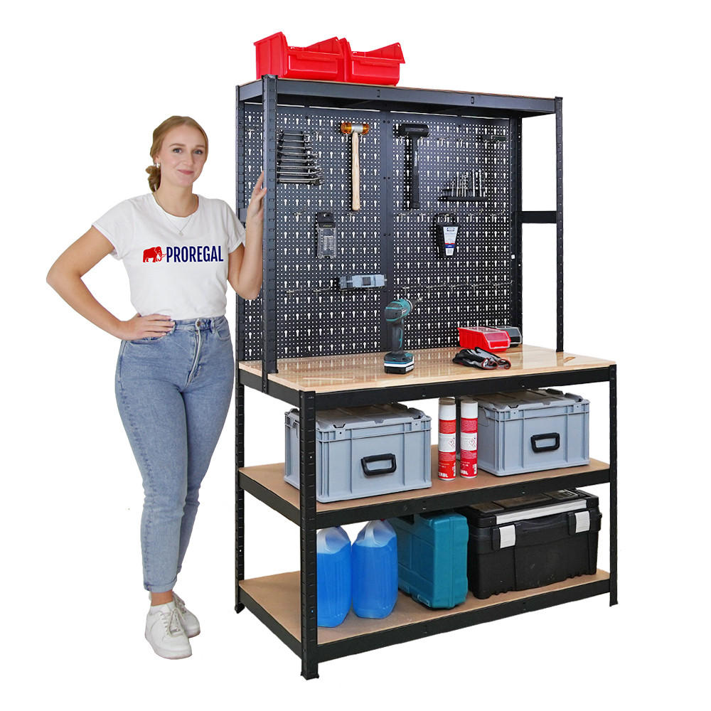 WERKBANK Giant Beast mit Lochwand 180x120x60 cm Fachlast 175 kg Schwarz - Schwarz, Metall (120/180/60cm) - PROREGAL