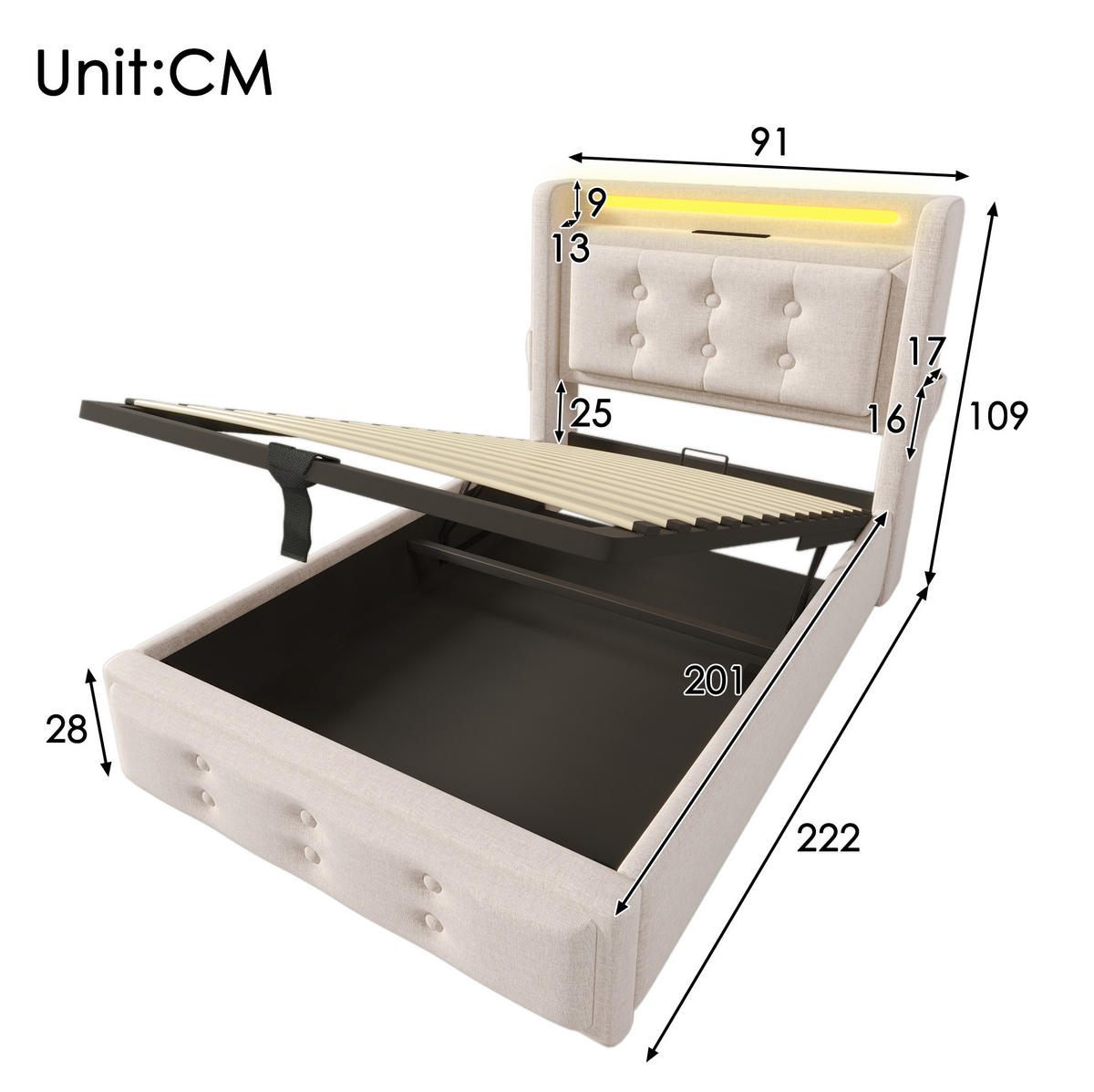 POLSTERBETT mit Bettkasten 90/200 cm in Beige mit LED, USB-C und Matratze - Beige, Textil (90/200cm) - BEAOK