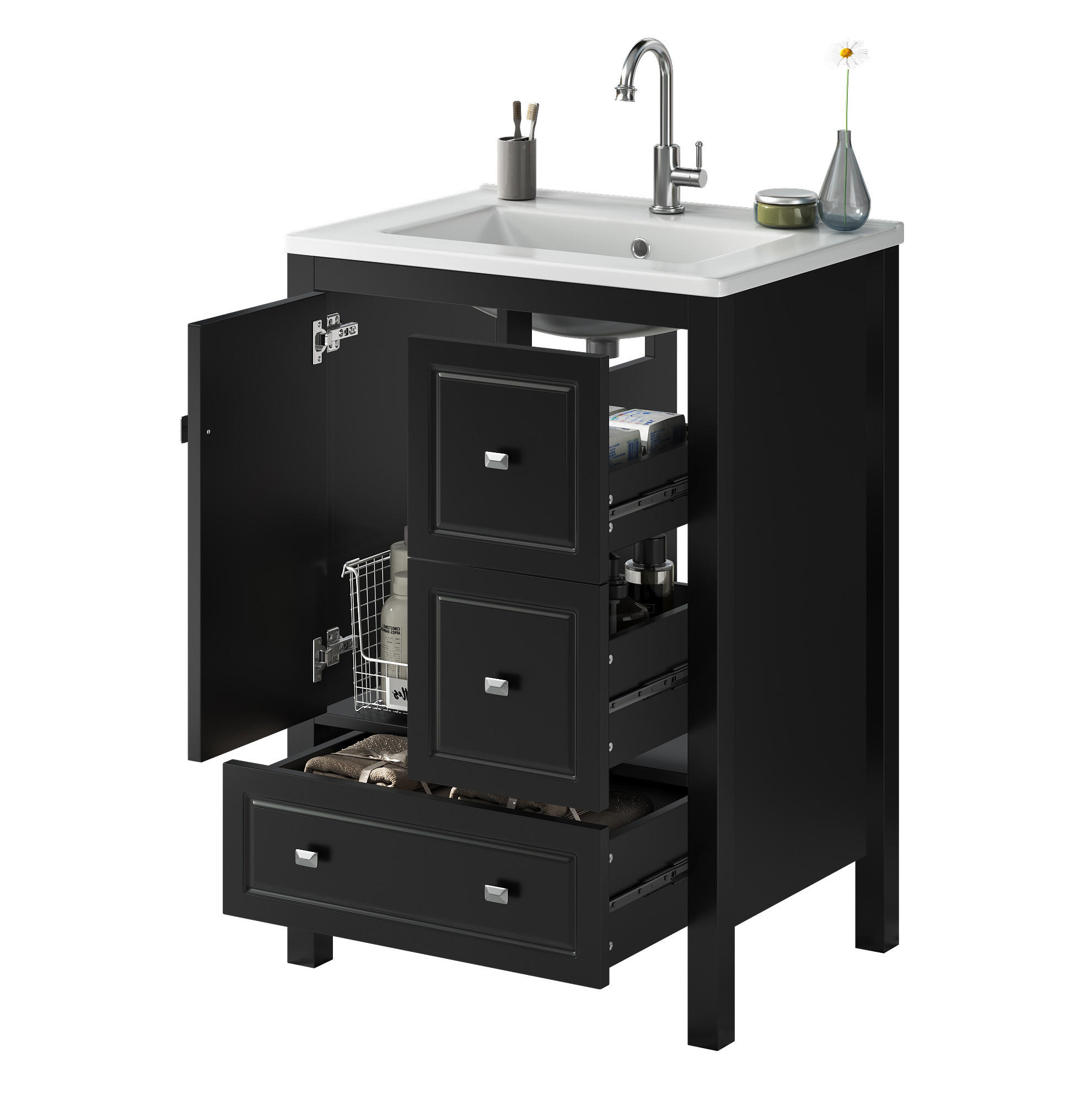 WASCHTISCH aus MDF und Keramik 62x47x90 cm Schwarz mit Stauraum und Soft-Close - Schwarz, Keramik (62/90/47cm) - Modfu