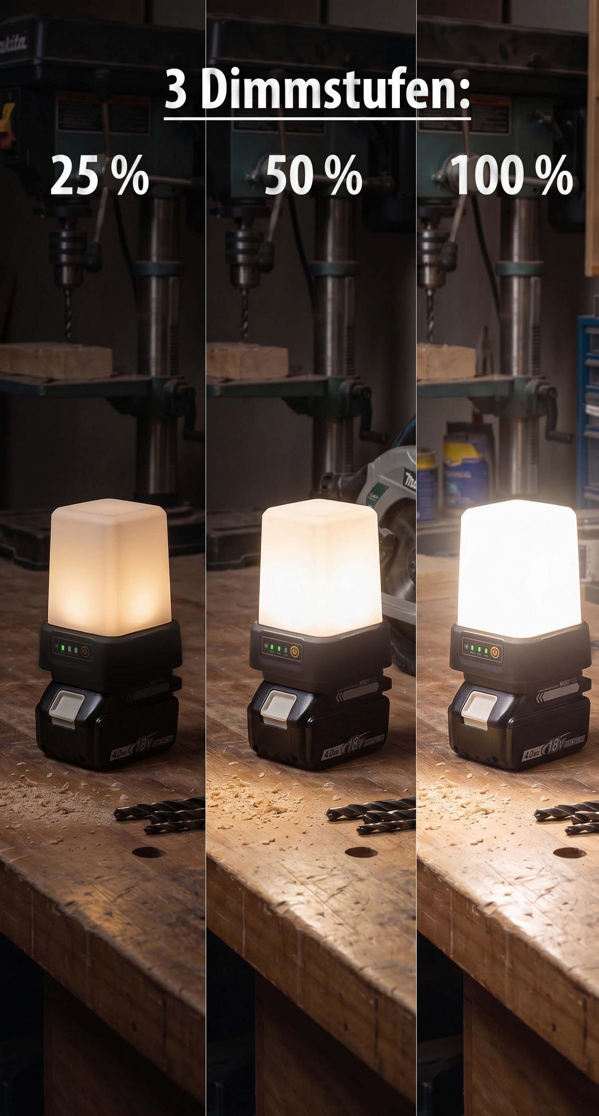LED-ARBEITSLEUCHTE 360° 3-stufig dimmbar 1600lm mit Adapter für 18V Makita Akkus - Schwarz, Kunststoff (10.4/8.6/13.8cm) - Northpoint