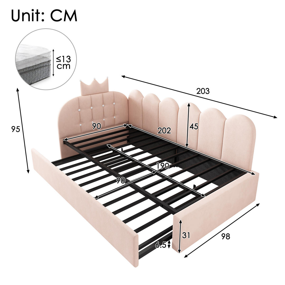 POLSTERBETT 90/200 cm mit Ausziehbett, Kronen- und Gitterdesign aus Samt, Rosa - Rosa, Textil (90/200cm) - Redom