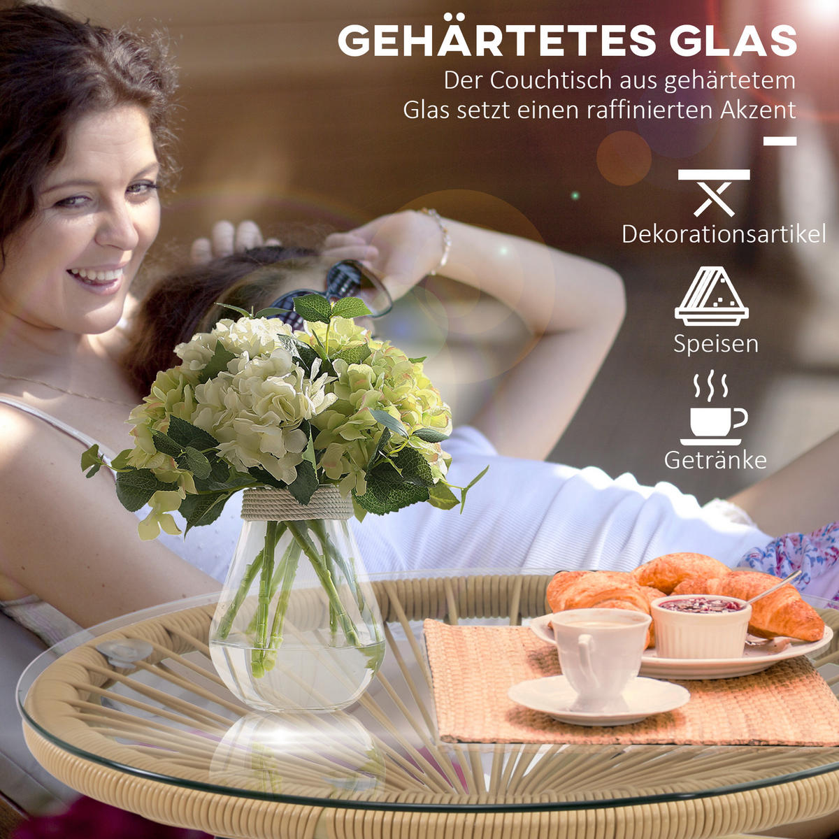 BALKONTISCH, Beige, Eisen, PE-Rattan, Glas - Beige, Kunststoff (50/50/50cm) - Outsunny