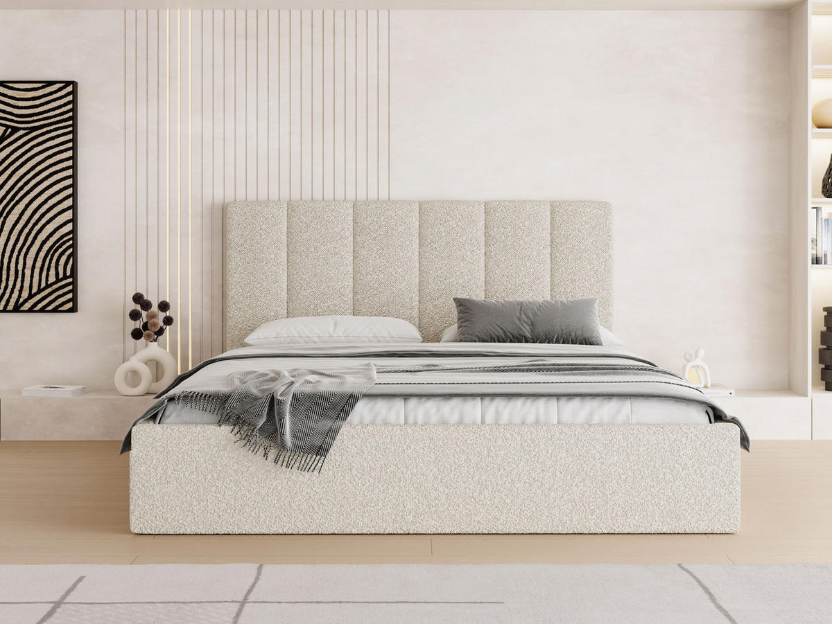 POLSTERBETT Amira Slim mit Bettkasten, Creme Boucle 200x200 cm - Birkefarben/Schwarz, Holz/Holzwerkstoff (200/200cm) - WFL GROUP