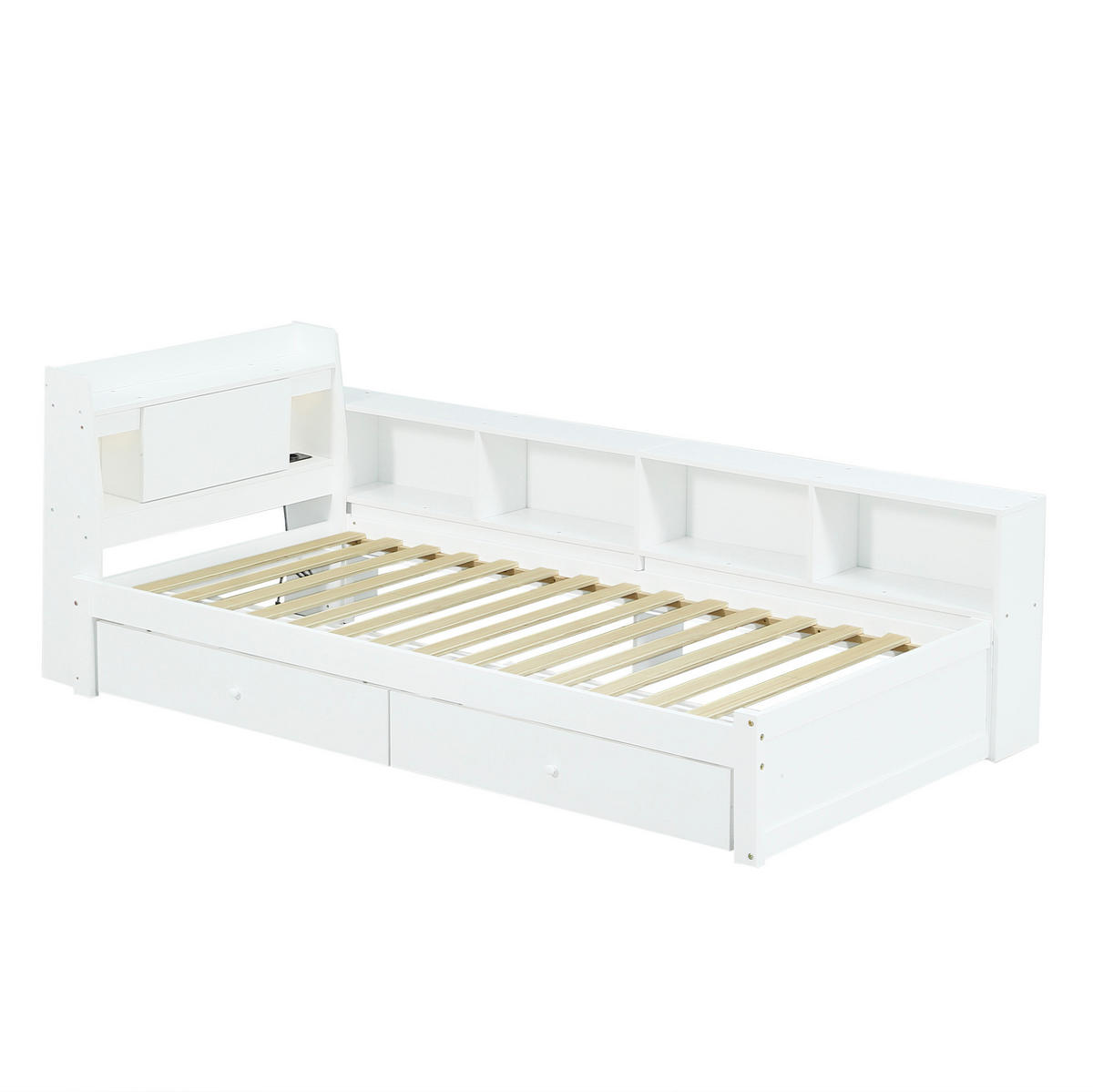 JEDNOLÔŽKOVÁ posteľ 90/200 cm biela s úložným priestorom, 2 svetlami a nabíjacou zásuvkou z masívu a MDF - biela, drevo (90/200cm) - OKWISH
