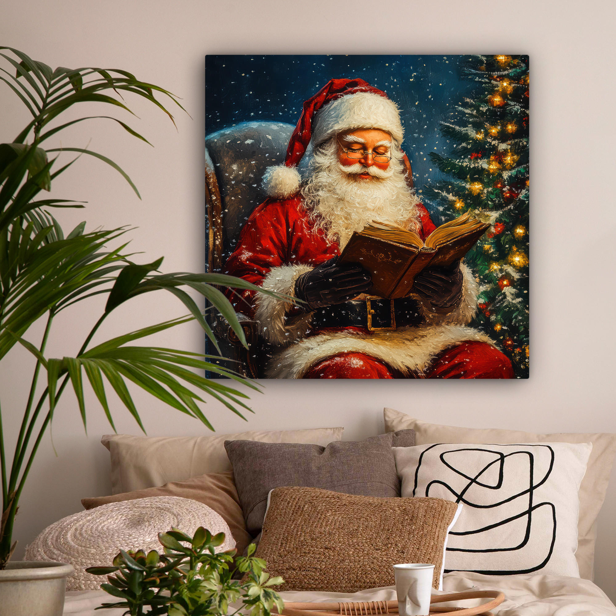 LEINWANDBILD Weihnachtsmann - Weihnachten - Winter - Weihnachtsbaum 90x90 cm - Bordeaux, Textil (90/90cm) - MuchoWow